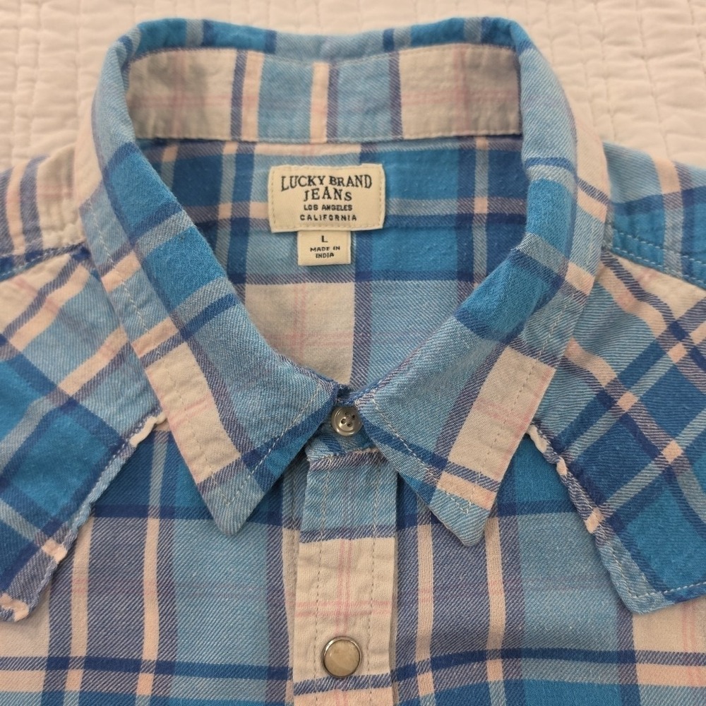 Lucky Brand Button Up Blouse Women's L Blue White Plaid Long Sleeve Pearl Snap - Picture 6 of 16